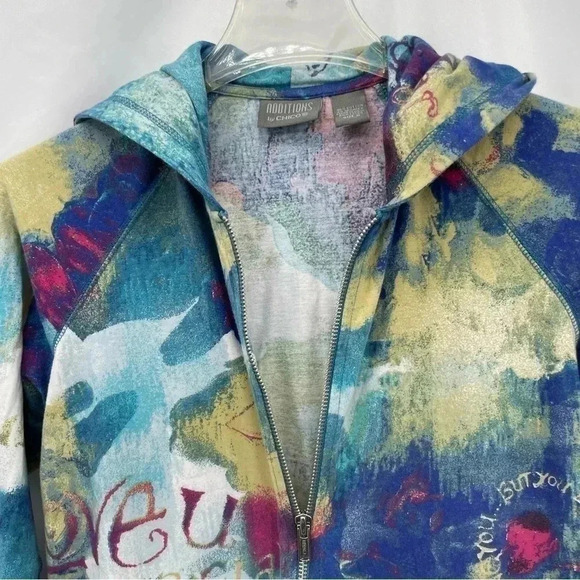 Additions by Chicos Women’s Lightweight Jacket 0 Blue Patterned Zip Up Hooded - Picture 2 of 12
